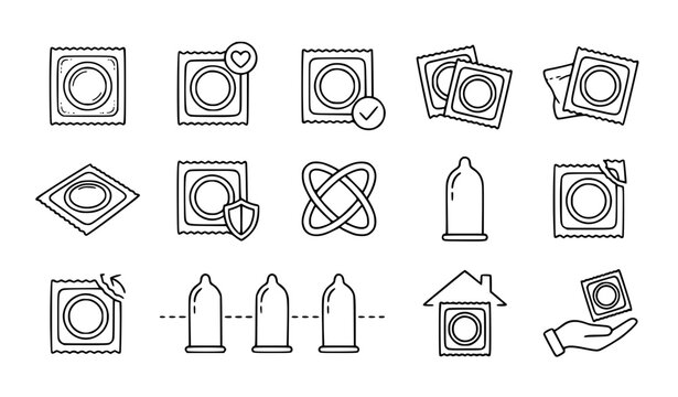 Minimalist Reproductive Health Packaging Set, 12 Black and White Contraceptive Vector Illustrations, Isolated Modern Healthcare Icons for Family Planning and Medical Branding