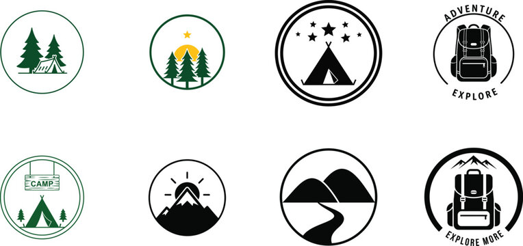 Outdoor adventure icon set camping hiking and wilderness exploration graphics for apparel and merchandise