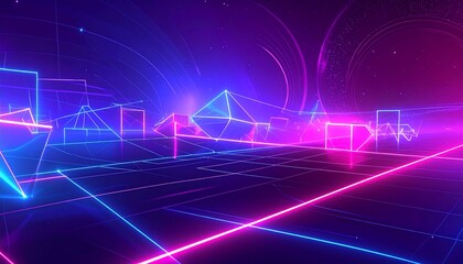 Fototapeta premium Futuristic Neon Grid Landscape with Abstract Light Waves and Particle Motion Trails