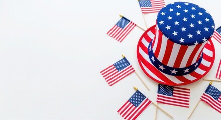Obraz premium Patriotic top hat adorned with small american flags in festive flat lay composition