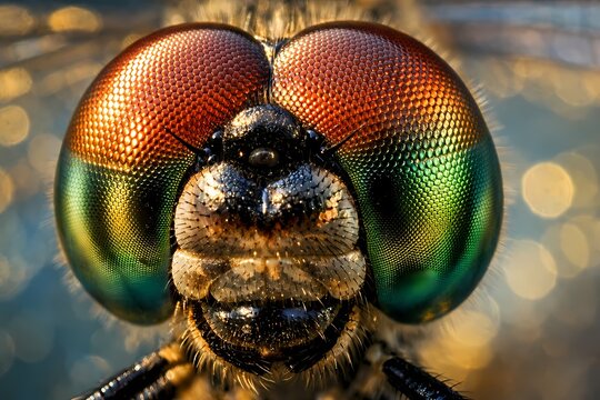 Extreme macro portrait of a dragonfly head showing complex compound eyes and iridescent colors. Suitable for scientific research nature magazines and educational biology presentations.
