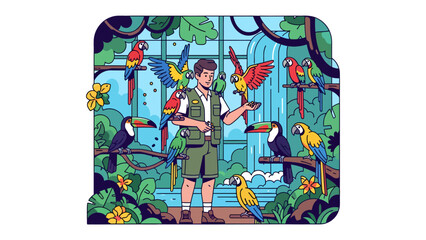 Zookeeper and Parrots in Aviary: A dedicated zookeeper stands amidst a vibrant aviary, surrounded by a colorful array of parrots and toucans perched on branches. © Md