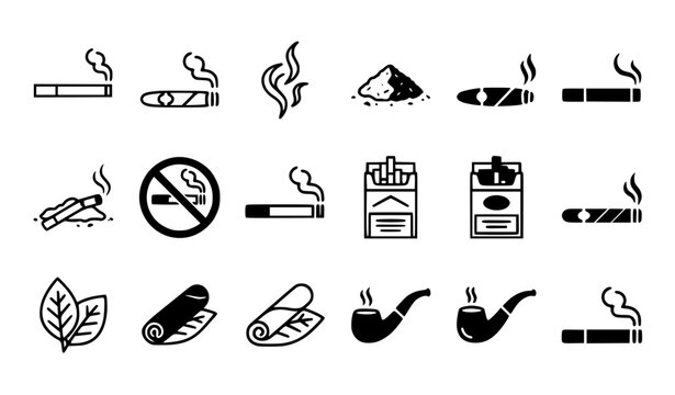 Minimal cigarette and cigar icon vector set with smoking symbols tobacco signs and clean outline collection isolated on white background