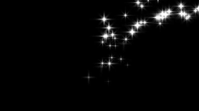 Glitter stars background overlay, luxury white glitter sparkles line trail, magic sparkles glitter line stars, magic dust, pixie dust path, christmas stars isolated on black screen.
