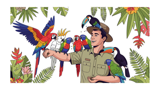 A Zookeeper's Tropical Paradise: A friendly zookeeper, adorned with various colorful parrots and toucans, stands amidst lush tropical foliage.