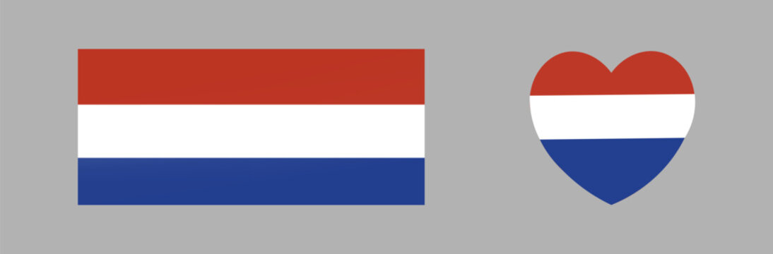 Dutch flag heart shaped, rectangle icons, stickers. Heart, rectangular flag of Netherlands banners. Set of button, badge Holland flag.