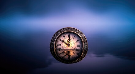 Obraz premium An eerie antique clock floats in dark stagnant water under a thick mist at the horizon line, creating a haunting and surreal atmosphere, abstract, temporal, rust