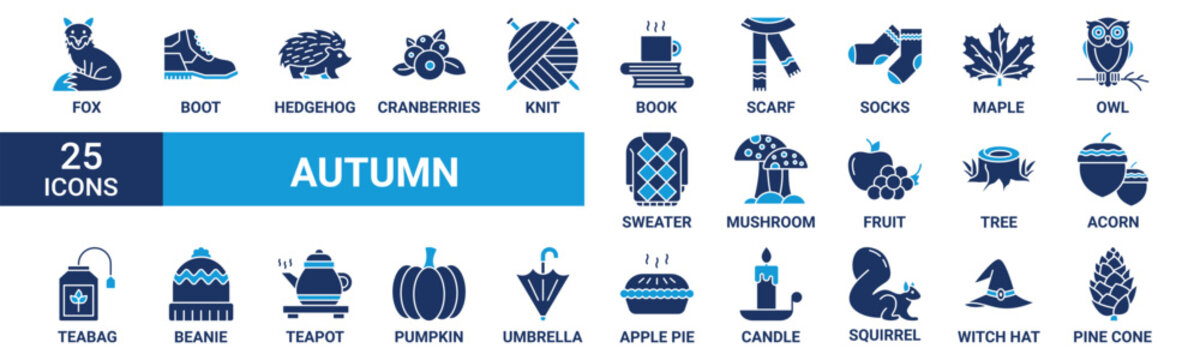 Autumn icon set. Containing fox, boot, hedgehog, cranberries, knit, book, scarf, socks and more. Solid vector icons collection.
