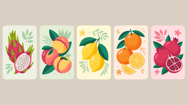 Illustrated fruit cards with botanical elements in a flat vector style dragonfruit peach lemon orange pomegranate citrus tropical stone illustration art