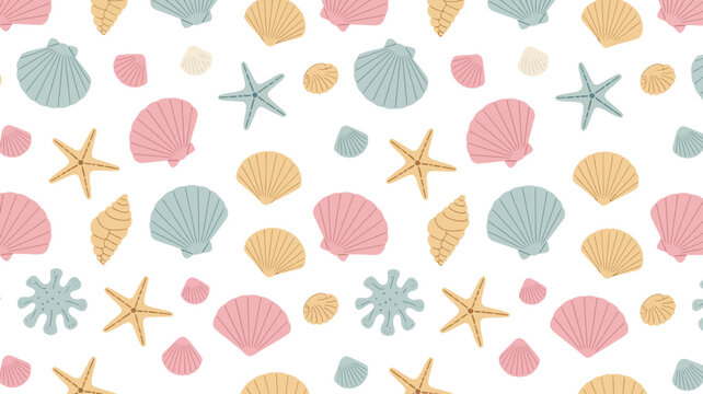 Seashell and starfish pattern on a white background a delicate marine illustration shell life ocean sea coastal beach nautical vector repeat