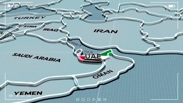 A 3D world map highlights UAE, and Iran, the Middle East, IRAN map, UAE map, UAE FLAG, UAE MAP,