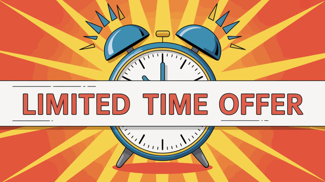 Alarm clock illustration with orange and blue coloring and radial burst background time wake morning deadline management vector graphic cartoon colorful