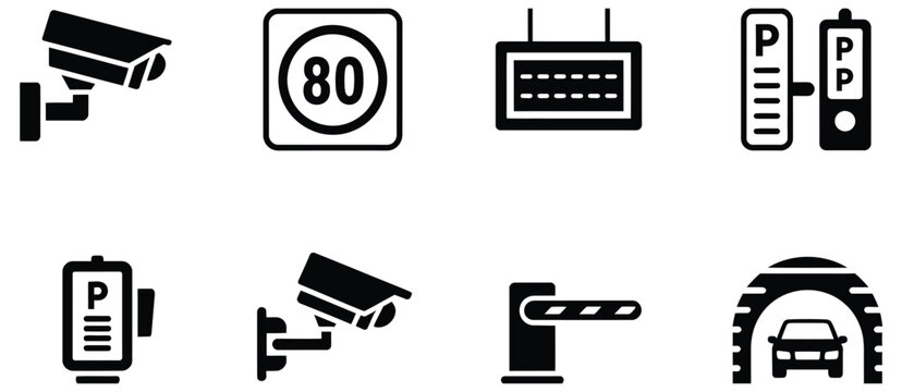 Security and Traffic Control Icon Set Featuring Surveillance Camera, Speed Limit Sign, Parking Meter, Gate Barrier, and Car Wash Symbols in Professional Vector Design