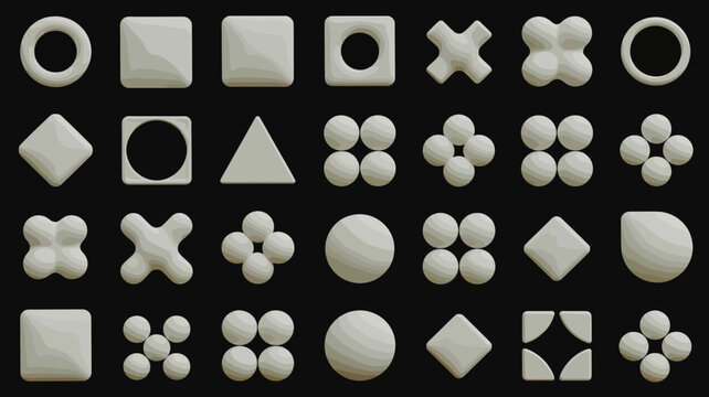 Assorted Geometric Shapes And Spheres 3d Render On Black Background sphere circle square triangle diamond polygon cube rounded abstract forms digital