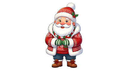 Fototapeta premium Cartoon illustration of cheerful santa claus holding a green gift in festive red outfit isolated on transparent background