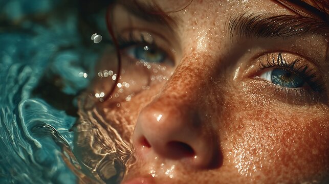 Ethereal portrait of a freckled face partially submerged in crystal clear blue water with ripples