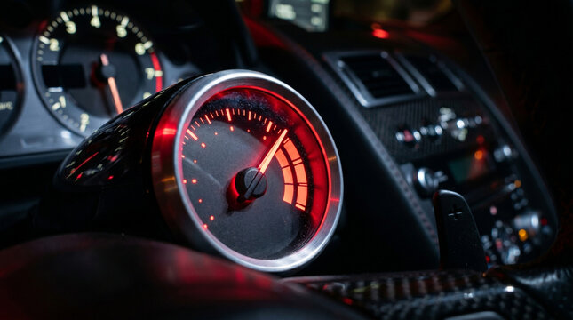 Car engine temperature sensor close up arrowslit red sign overheating or norm of the motor on the dashboard of the car close upblurred image
