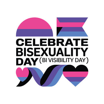 Celebrate bisexuality day text with pink, purple, and blue flag colors, hearts, and ribbon shapes