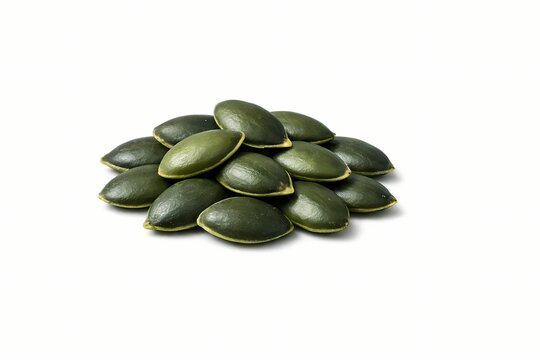 Group of dark green pumpkin seeds pepitas isolated on a white background. Ideal for healthy snack branding, nutrition blogs and organic food packaging materials.
