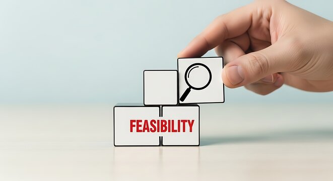 Feasibility study concept with wooden blocks and magnifying glass icon, business analysis and project evaluation, hand placing cube on white background