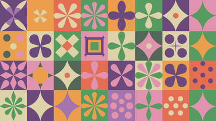 Geometric floral ornament in a colorful tiled pattern design vector illustration retro style mid century modern abstract shapes background repeated motif decorative © Peradox