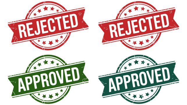 Circular Approval And Rejection Stamps With Banners Distressed Vector Illustration stamp seal round badge graphic texture worn effect vintage style banner