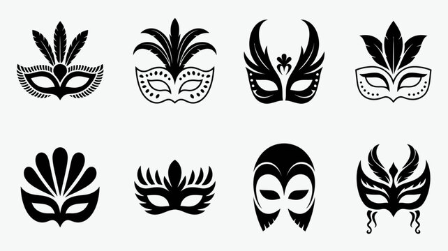 Nine Black Silhouette Masks A Collection Of Decorative Carnival Shapes masquerade costume ball venetian festival celebration black and white monochrome graphic vector illustration