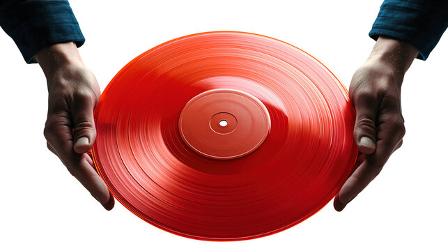 Two hands hold a bright red translucent vinyl record showing grooves and label area transparent background