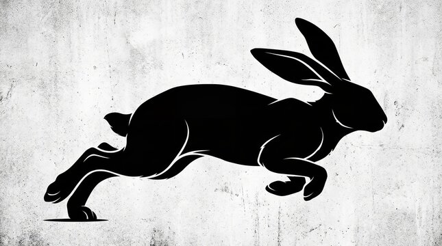 Black silhouette of a fast running rabbit captured in a dynamic action pose during a high speed leap through the air to create a striking artistic graphic on transparent background.