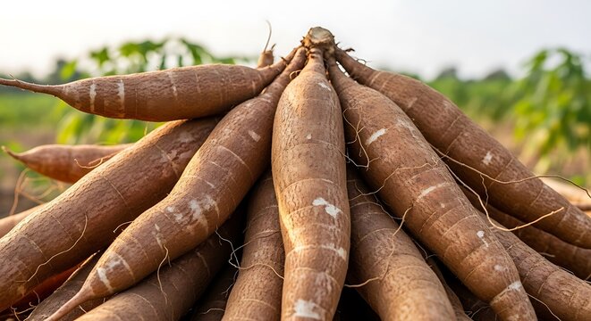 Freshly harvested cassava roots piled in an agricultural field at sunset
