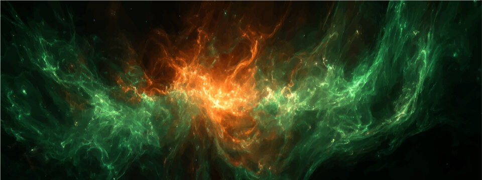 Cosmic nebula a celestial wonder, ablaze vibrant hues of orange and green, swirling ethereal gas clouds, distant stardust, forming astronomical masterpiece.