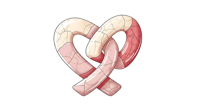 A heart shaped pretzel with cracked texture and red shading isolated on a transparent background