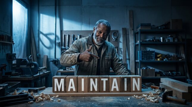 Mechanic in a dim workshop stands behind illuminated maintain letters on a cluttered bench.