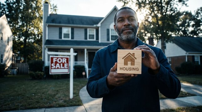 Homeowner presents a housing icon sign in front of a suburban house with a for sale board.
