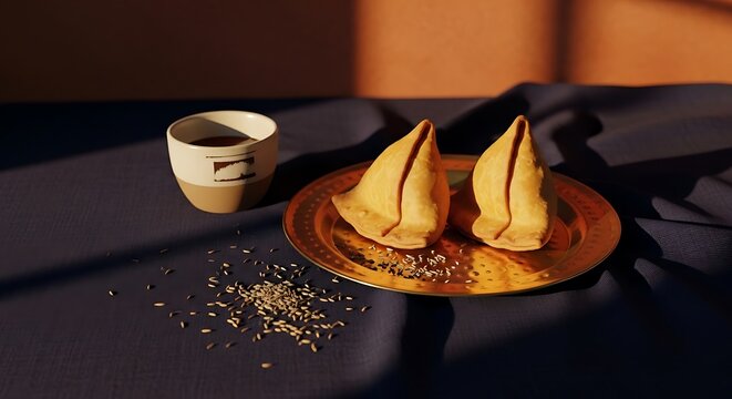 Two samosa served on a polished golden plate with a cup of tea, accompanied by scattered cumin seeds on a dark blue tablecloth in a warm sunset light.