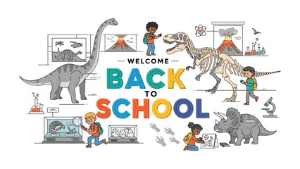 Welcome Back to School: Dinosaur Expedition! A vibrant illustration depicts excited children embarking on a prehistoric adventure filled with dinosaur skeletons, volcanoes, and scientific exploration. © Mohammad