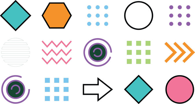 Colorful Abstract Geometric Shape and Symbol Set with Memphis Style Patterns Arrow and Grid Elements for Retro Creative Graphic Designs