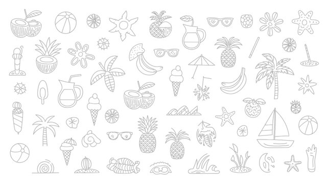 Tropical themed illustrations on a white background featuring pineapples palm trees and beach elements illustration vector summer vacation pineapple tree coconut