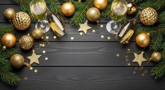 Elegant festive composition featuring golden ornaments, shimmering champagne glasses, and glitter stars on dark wood with pine needles, traditional, decor, dark