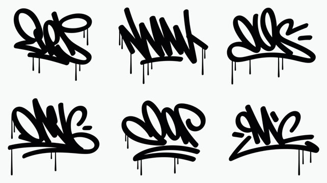 Graffiti lettering designs black ink on a white background with dripping paint effects typography urban art street tagging spray drips splatter