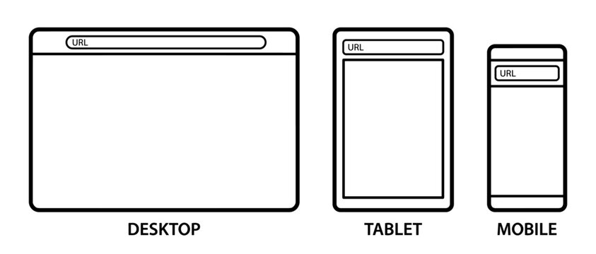 Simple url address bar browser wireframe in flat style, line design web page template mockup on desktop tablet and mobile, transparent background vector