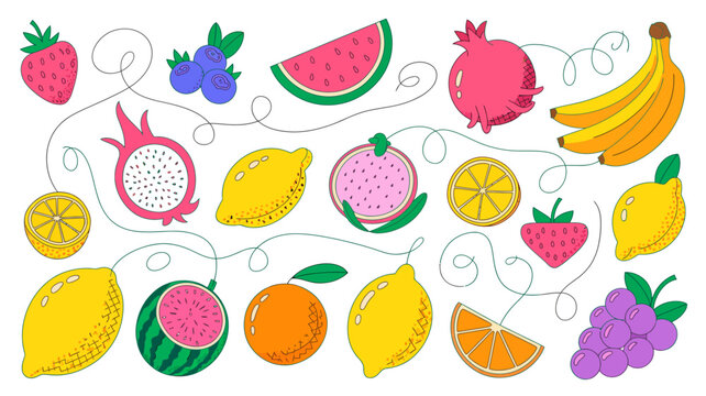 Assorted fruits illustration a colorful hand drawn vector pattern on a white background fruit lemon lemons orange oranges watermelon watermelons strawberry