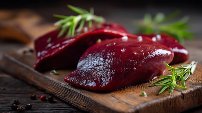 Raw beef liver pieces on a rustic wooden cutting board