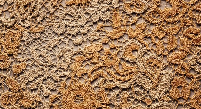 Exquisite lace texture with detailed interwoven patterns bathed in warm amber and beige tones, creating a sophisticated background for design, mesh, interwoven, pattern
