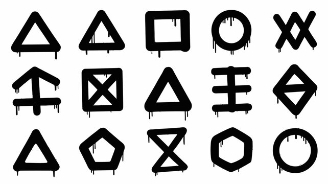 Geometric Shapes With Paint Splatter Black Silhouettes On White Background triangle square circle diamond arrow cross polygon abstract forms flat design