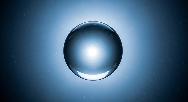 Abstract blue glowing glass sphere floating in a dark ethereal space