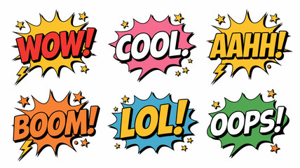 Comic style speech bubbles with text on a white background book bubble thought exclamation wow cool aahh boom lol oops onomatopoeia © rocky