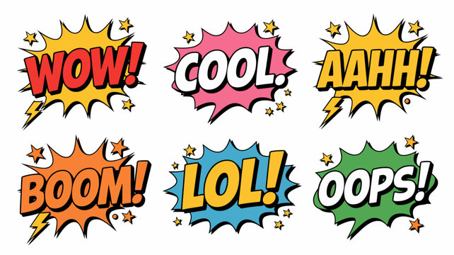 Comic style speech bubbles with text on a white background book bubble thought exclamation wow cool aahh boom lol oops onomatopoeia