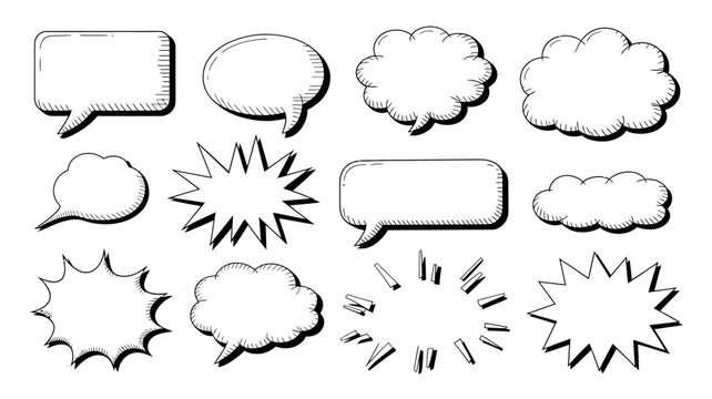Collection Of Speech Bubbles And Starbursts Black And White Vector Illustration comic book dialogue thought bubble balloon conversation text box caption