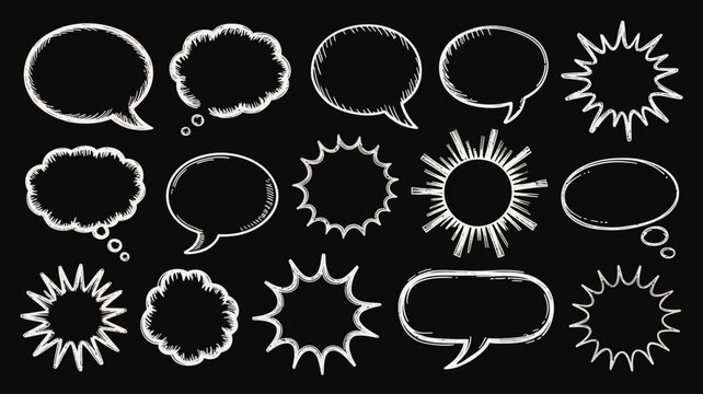 Collection Of Chalkboard style Speech Bubbles And Starbursts On Black Background bubble thought comic book dialogue balloon conversation message text box